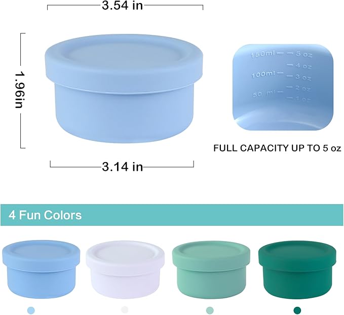 Finorder 4 Pack 5oz Silicone Food Containers, Baby Snack Storage Containers with Airtight Lids,Meal Prep Lunch Bento Box Freezer Dishwasher Safe for Daycare, School, Kids