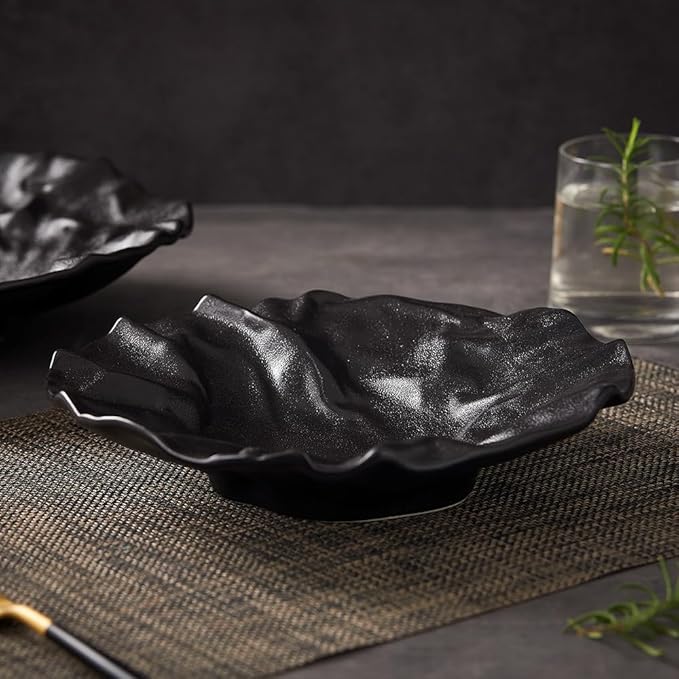 Irregular Shape Ceramic Serving Plate and Appetizer Plate, 2 Pieces Set, 11" & 9" Plates, Elevate Dining Experience (Black, 11" & 9")