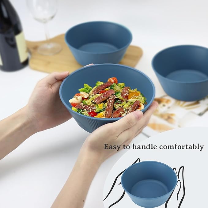 PYRMONT Large Salad Bowl 36 Oz Wheat Straw Bowls Set of 8 Alternative Plastic Bowls Reusable Dishwasher & Microwave Safe Unbreakable Bowls for Kitchen Large Mixing Bowls for Popcorn,Ramen-Blue