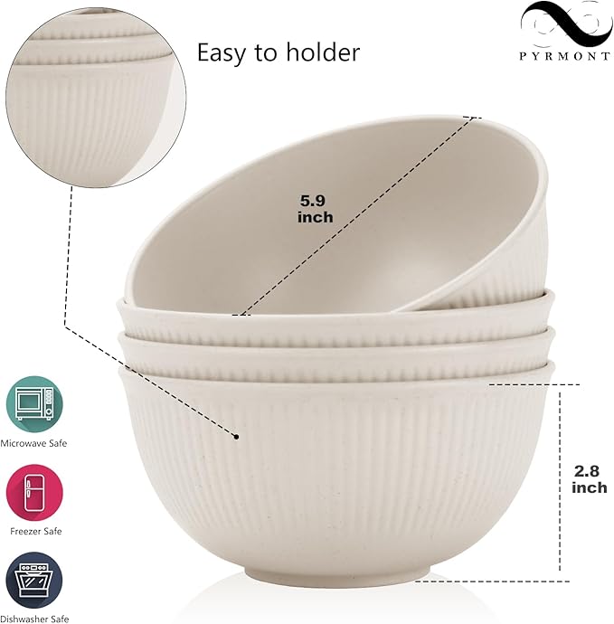 PYRMONT Unbreakable Cereal Bowl 26 OZ Wheat Straw Bowls Set of 8 Alternative Plastic Bowls Reusable Dishwasher & Microwave Safe Bowls for Kitchen Camping Bowls for Soup,Breakfast,Fruit-Beige