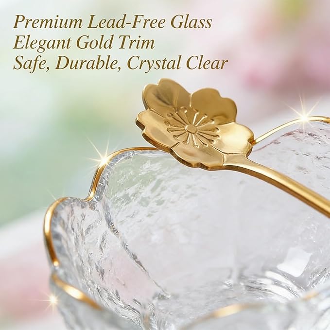 3.3” Small Sakura Dipping Bowls Set with Gold Spoons，Clear Glass Sauce Dishes with Gold Trim for Soy Sauce, Sushi, Snacks, and Party Appetizers （2 Bowls+2 Spoons）