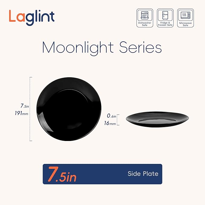 LaGlint 7.5 inch Appetizer Plate Set of 6, Lightweight Opal Glass Round Black Salad Plates for Dessert Kitchen, Dishwasher and Microwave Safe