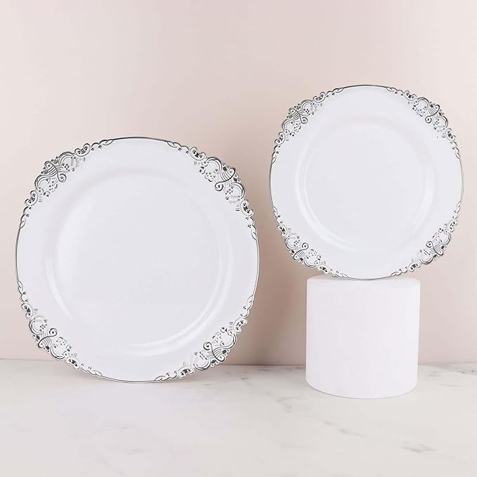 Efavormart 10 Pack | 10" White and Silver Baroque Dinner Plates, Leaf Embossed Metallic Rim Heavy Duty Serving Plates for Military Galas and Formal Events