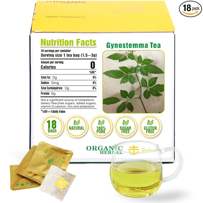 Soilmount Wild Organic Gynostemma Tea Bags (18 Tea Bags/Box) - Caffeine-Free Herbal Drink, Antioxidant, Relaxing & Energizing, Daily Wellness Tea, Refreshing & Healthy Gynostemma Tea