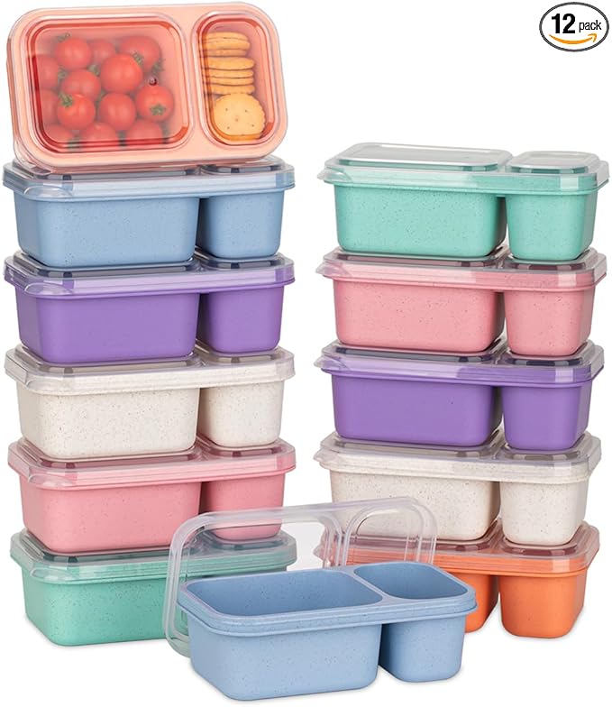 DOSEWART 2-Compartment Reusable Snack Containers with Lids Wheat Straw Reusable Snack Packs for Meal Prep Food Storage on-the-go Snacking(12Pack)