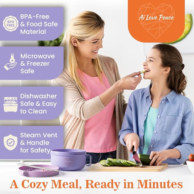 Microwaveable Ramen Noodle Bowl Cooker 40oz for Ramen, Pho, Soup, and Pasta, Dishwasher Safe and Portable, Ideal for Home, Office, Dorm, or Gift.Ai Love Peace (Purple)