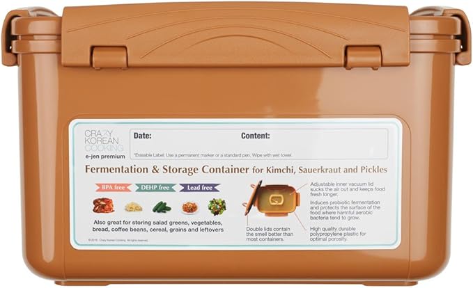 Crazy Korean Cooking Premium Kimchi, Sauerkraut Fermentation and Storage Container with Inner Vacuum Lid, Sandy Brown (1.3 Gal (5.2L) 1 PACK)