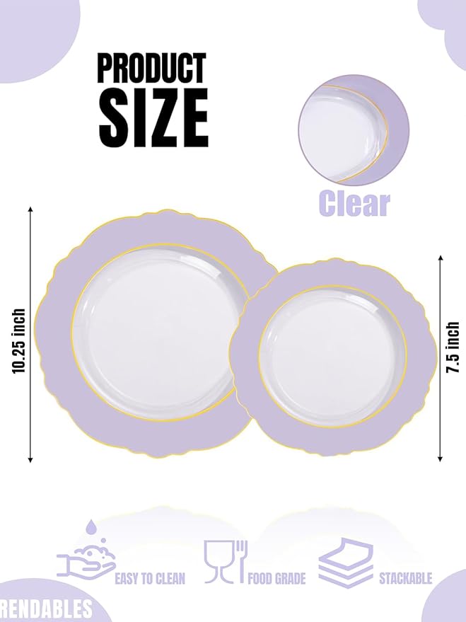 WDF 60pcs Clear Purple Plates Disposable with Gold Rim - Baroque Lavender Purple Plastic Plates for Party/Wedding/Spring/Picnic