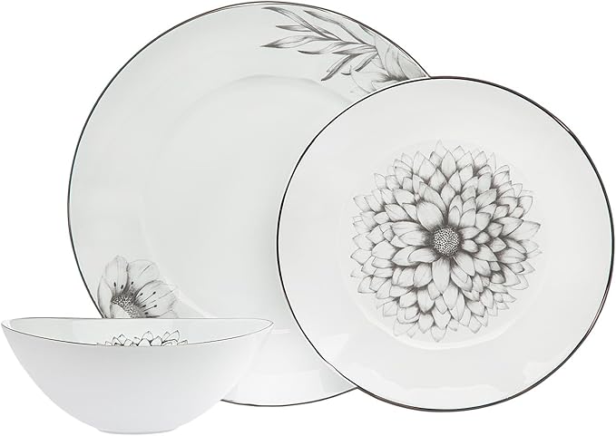 Ricci Argentieri Dahlia Dinnerware Set, Dinner Plate 10in, Salad Plate7.5 and Soup Plate 6in, Porcelain Dinnerware, Everyday Dining or Special Occasions, Gift for Weddings and Housewarmings