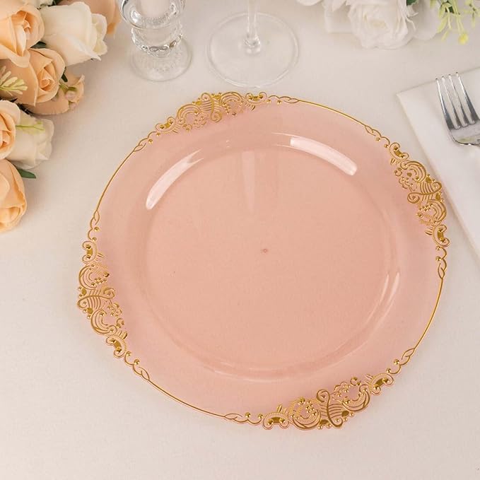 Efavormart 10 Pack | 10" Translucent Blush and Gold Baroque Dinner Plates, Leaf Embossed Metallic Rim Shatterproof Serving Plates for Romantic Receptions