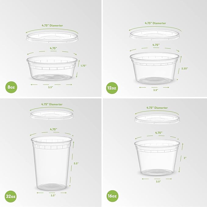 ELEGANT DISPOSABLES Combo Set 8, 8oz - 8, 16oz - 8, 32oz Plastic Deli Food Storage Containers with Airtight Flexible Lids Microwavable, Leak Free, Washable, Freezer Safe.