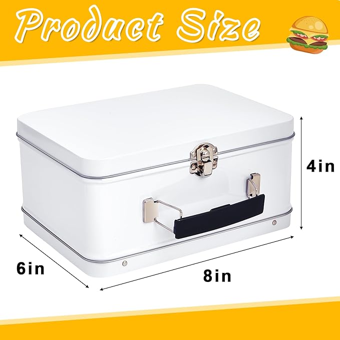 Rtteri 1 Pack DIY Lunch Box Tin Retro Set 8 x 6 x 4 Inches with Hinged Lids DIY Large Box for Storage Blank Design Vintage Metal Lunchbox for Kids Sandwich Containers (White)