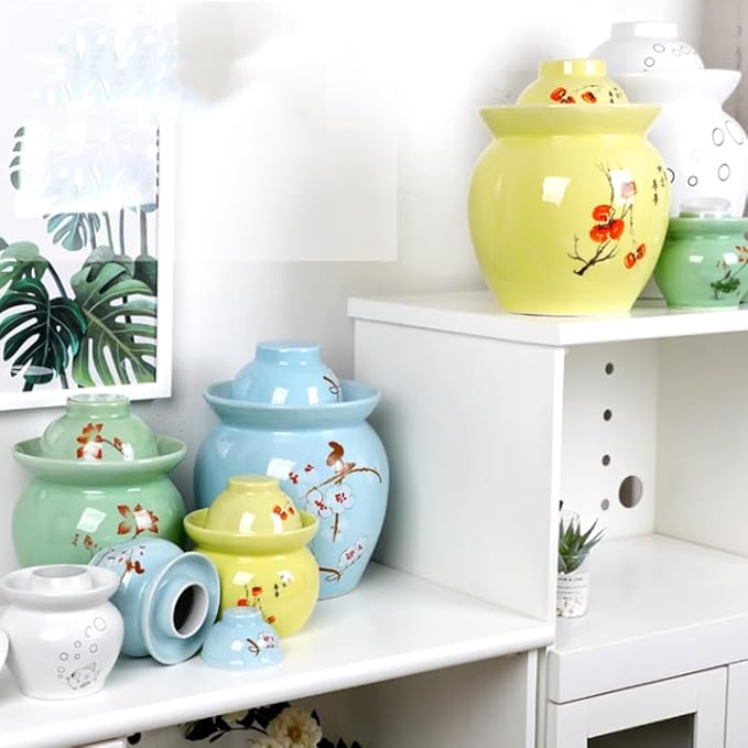 MRYBD Chinese Ceramic Pickle Jar with Lids,Kimchi Containers, Fermentation Jar, Fermentation Jars Ceramic Pots, Sealed Fermentation Jars with Lids, Sauerkraut Crock Green-1.75L