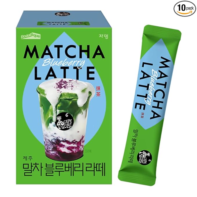 ROASTIQUE Official Café Mori Jeju Matcha Latte, 10 Sticks, 90 Calories, Ceremonial Grade Green Tea Powder Sweetened Café Quality Drink Mix, Blueberry, 7 oz