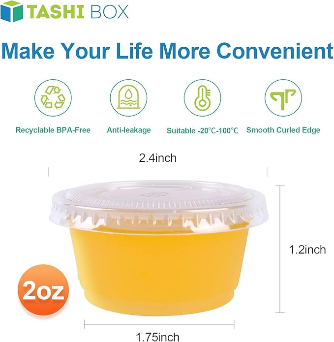 TashiBox 200 Pack of 2-Ounce Disposable Plastic Jello Shot Cups with Lids, Souffle Portion Container, 2 oz-200 Sets, Clear