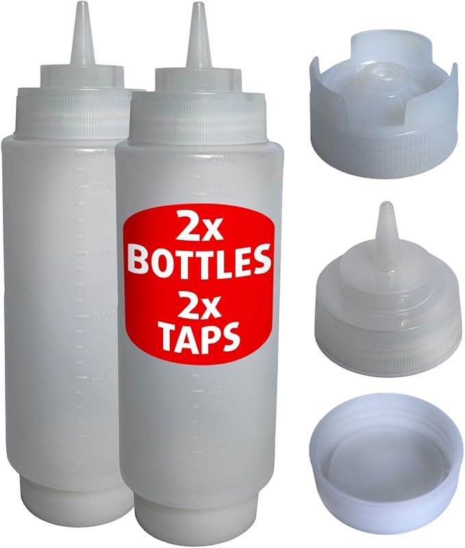 Condiment Squeeze Bottles 2 Pack of 12 oz - Squeeze Condiment Bottles for Sauces Commercial Grade Plastic Dispensers for Ketchup, Mustard, Sauces, Oils & Dressings - Easy Refill, Precision Nozzle