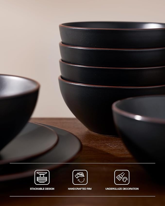 Famiware Venus 16-Piece Stoneware Dinnerware Sets with Mugs, Plates, Bowls, Service for 4, Matte Black - Modern Ceramic Chip‑Resistant Dishes for Everyday & Formal Use, Microwave & Dishwasher Safe