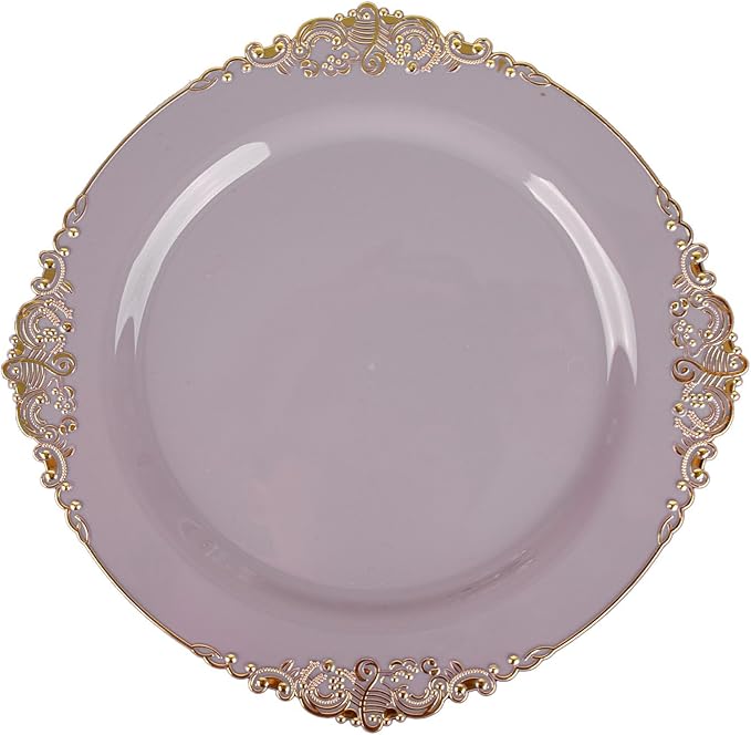 Efavormart 10 Pack | 10" Lavender and Gold Baroque Dinner Plates, Leaf Embossed Metallic Rim Heavy Duty Serving Plates for Whimsical Weddings