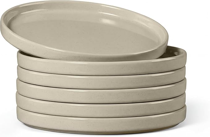 E-far 7.9 Inch Ceramic Dinner Plates, 6-Piece Stoneware Salad Plates with Raised Edges, Chip & Scratch Resistant | Microwave & Dishwasher Safe Dessert Dishes for Appetizer Salad, Speckled Khaki