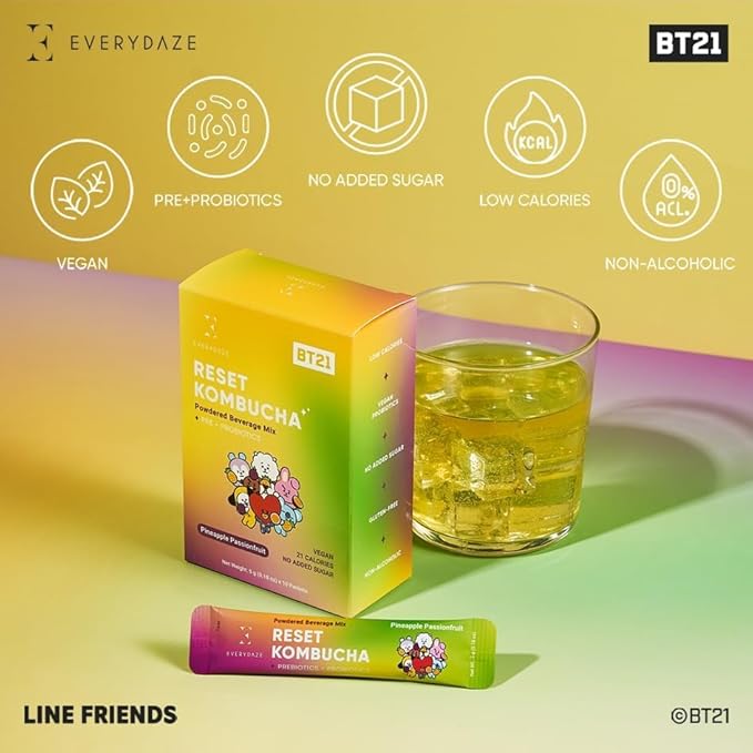 Everydaze BT21 Reset Kombucha Tea Powdered Beverage Mix | 10 Sticks | Prebiotics + Probiotics | Vegan | No Added Sugar, Gluten Free, Sparkling Powder Drink Pack (Pineapple Passion Fruit)