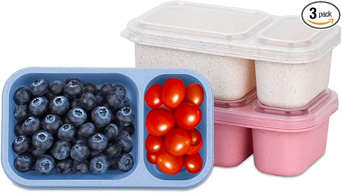 DOSEWART 2-Compartment Reusable Snack Containers with Lids, Wheat Straw Reusable Snack Packs for Food Storage Meal Prep On-the-Go Snacking(3Pack)