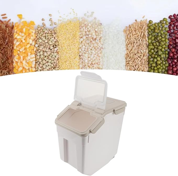 aqxreight Rice Storage Container with Airtight Lid for Kitchen – Thickened PP Grain Bin with Measuring Cup, Compatible with Rice, Flour, and Dry Goods, Beige