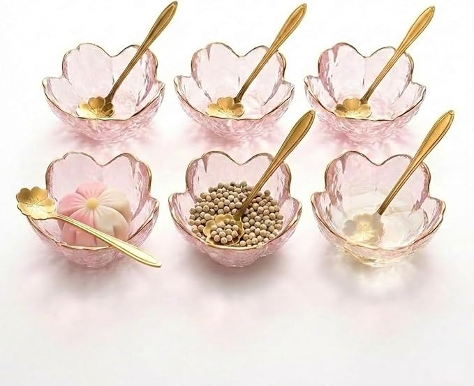 3.3” Small Sakura Dipping Bowls Set with Gold Spoons，Pink Glass Sauce Dishes with Gold Trim for Soy Sauce, Sushi, Snacks, and Party Appetizers（6 Bowls+6 Spoons）