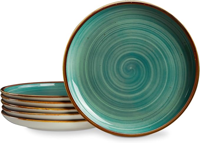 ONEMORE Ceramic Dinner Plates Set of 6, 8.5 inch Small Stoneware Plates for Appetizer, Salad and Dessert. Oven, Microwave and Dishwasher Safe Plate, Stackable, Rustic Kitchen Porcelain Dish, Teal