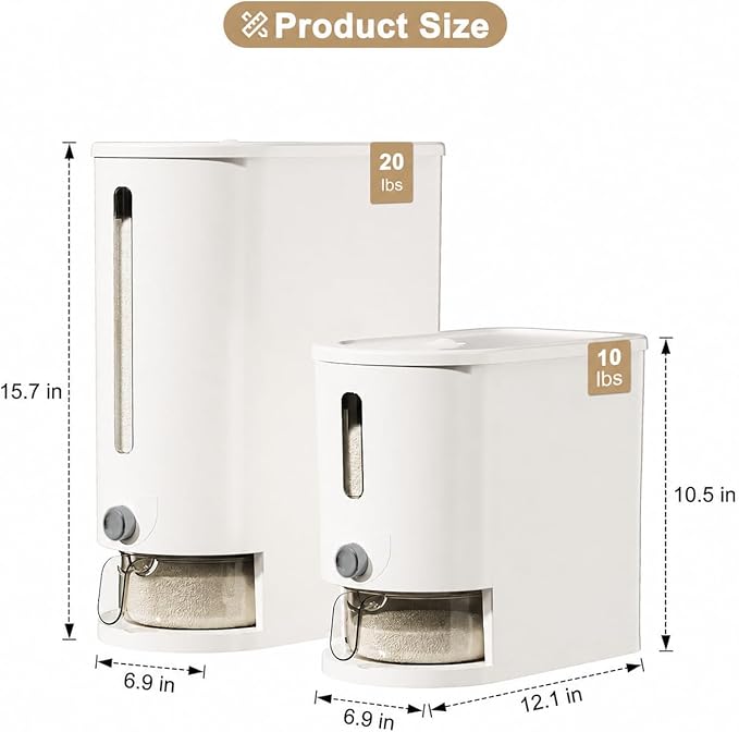 Rice Storage Container with Measuring Cup, Food Grain Dispenser for Dry Goods, Multi-Purpose Kitchen Pantry Storage Box (White-10 pounds)