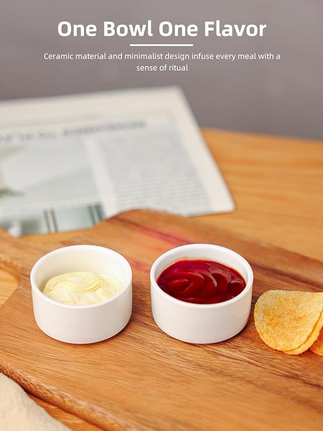 2 oz Mini Porcelain Ramekins Set of 6, Small Ceramics Souffle Dish, Exactly Designed for Dipping Sauce, Ketchup, Salsa and Jams, 60ml White