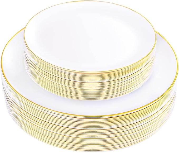 KIRE 60PCS Gold Plastic Plates - Heavy Duty White Disposable Plates with Gold Rim - Include 30Pieces 10.25inch Dinner Plate and 30Pcs 7.5inch Dessert Plate for Wedding/Spring/Graduation/Party