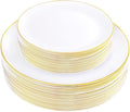 KIRE 60PCS Gold Plastic Plates - Heavy Duty White Disposable Plates with Gold Rim - Include 30Pieces 10.25inch Dinner Plate and 30Pcs 7.5inch Dessert Plate for Wedding/Spring/Graduation/Party