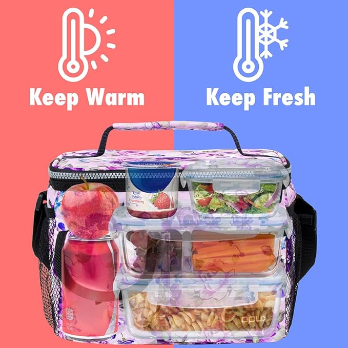 opux Insulated Lunch Box for Men Women Kids, Leakproof Reusable Lunch Bag Cooler for Work School Office, Soft Thermal Lunchbox Tote Shoulder Strap for Boys Girls Adults, Floral Purple, 14 Can/8L