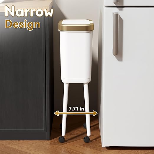 Procade Gold Bathroom Trash Can with Lid,15L Large Capacity Narrow Waste Basket with Pop-Up Lid,Covered White Office Trashcans for Near Desk,Plastic Garbage Bin for Kitchen,Bedroom,Dorm