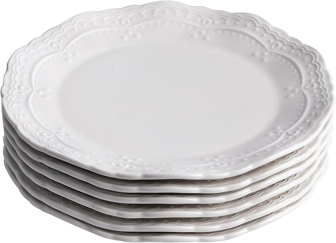 8 Inch Porcelain Dessert Plates Set of 6,Appetizer Plates,White,Embossed,Heat Resistant,Scratch Resistant,Highly Glossy Glaze,Dishwasher safe (Picapica 8‘’)