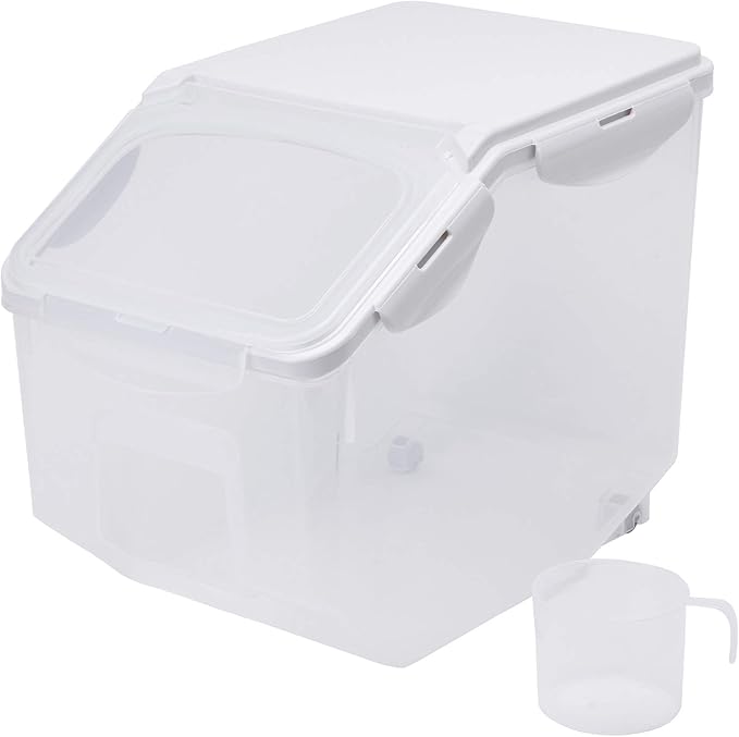 HANAMYA Food Storage Container with Measuring Cup, BPA free, 50-Cup, For Rice | Grain | Pet Food | Flour, Clear & Off White