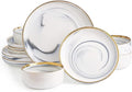 Pokini Marble Gold Rim Dinnerware Sets, Porcelain Plates and Bowls Sets, Modern Luxury Dish Set for 4, White Grey China Dinner Set for Special Occasions, Hand Wash Quickly