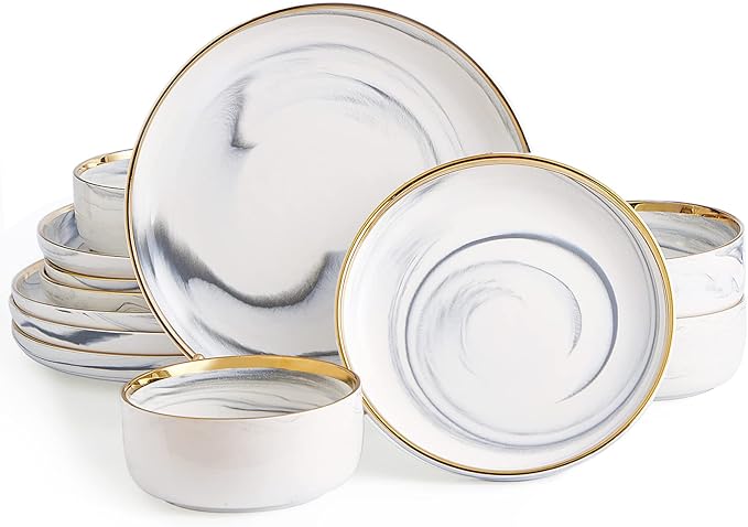 Pokini Marble Gold Rim Dinnerware Sets, Porcelain Plates and Bowls Sets, Modern Luxury Dish Set for 4, White Grey China Dinner Set for Special Occasions, Hand Wash Quickly