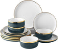 Pokini Porcelain Dinnerware Sets, 12 Piece Luxury China Plates and Bowls Sets, Green Dishes Set Gold Rim for Wedding Anniversary Birthday, Modern Dinner Plates Set