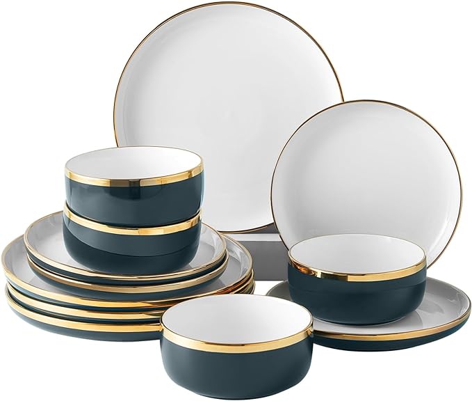 Pokini Porcelain Dinnerware Sets, 12 Piece Luxury China Plates and Bowls Sets, Green Dishes Set Gold Rim for Wedding Anniversary Birthday, Modern Dinner Plates Set