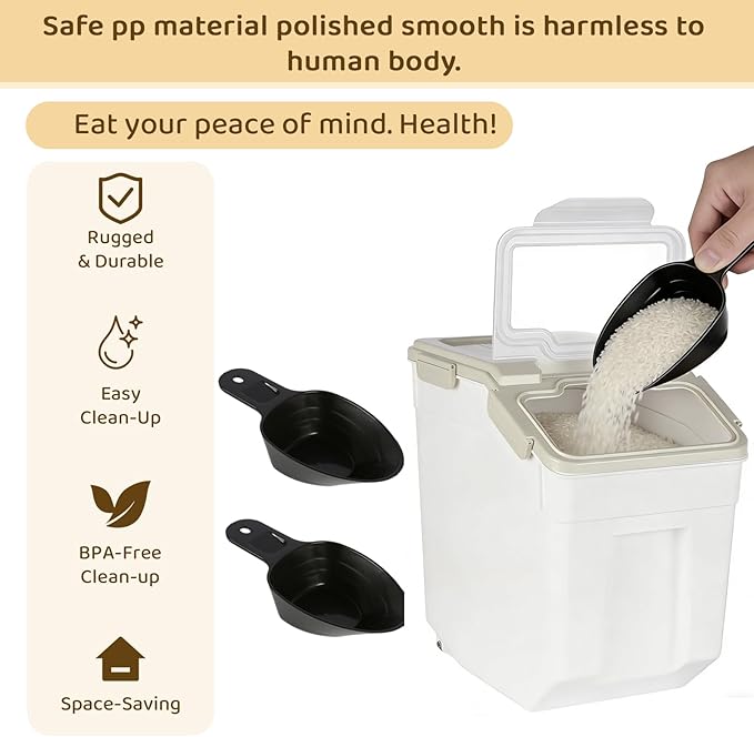 Rice Storage Container 50 lbs Large Household Flour Sugar Containers Airtight Grain Cereal Dispenser with Wheels, Locking Lid & Measuring Cup for Kitchen Pantry Organization, 2 Pack(Grey)