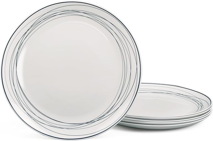 LaGlint 10.5 inch Dinner Plate Set of 6, Lightweight Round Opal Glass Dinnerware Plates, Dishwasher and Microwave Safe, Blue Modern Geometric Design
