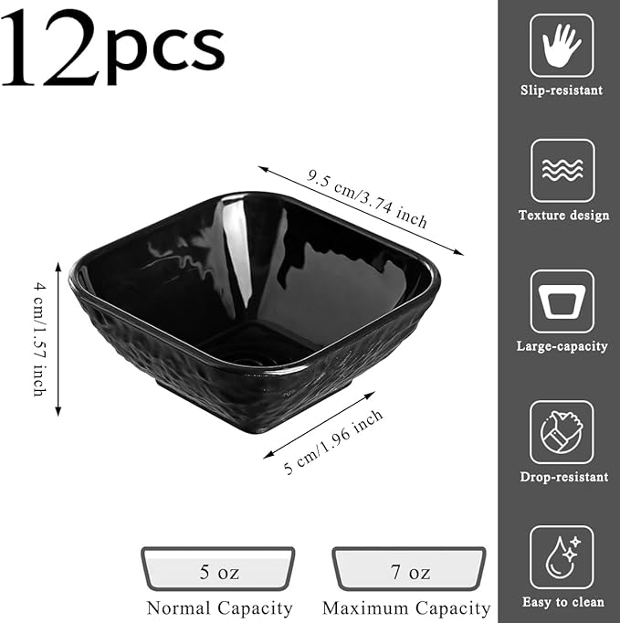Berglander Dip Bowls Set 12pcs, 6 oz Black Plastic Dipping Bowls, Matte Stone Texture Soy Sauce Plates, Mini Appetizer Bowls for Side Dishes, Condiment Server for Tomato Sauce, Ketchup, BBQ, Party