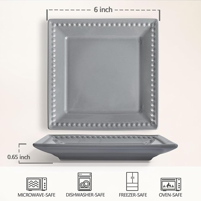 Embossed Appetizer and Dessert Plates, Set of 4, 6 inch Grey Square Dinner Plates for Snack and Restaurant, Dishwasher, Microwave Safe