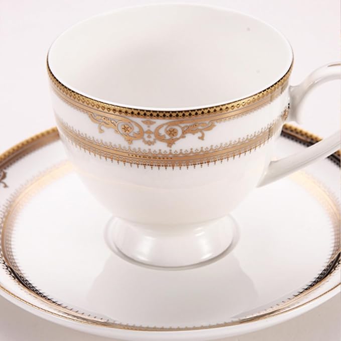 24-piece bone china dinnerware set for 6, gold trim pattern round dinner plates, fine dish set for 6 with coffee cup for dinning, suitable for microwave,oven,dishwasher (dinnerware set for 6 people)