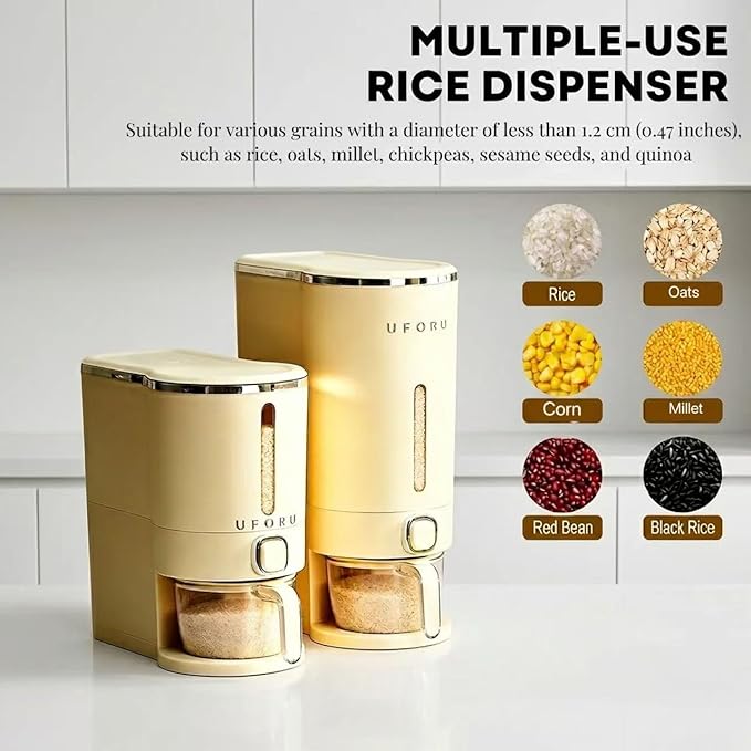 11-Pound Rice Dispenser With Measuring Cup,Kitchen Grain Storage Container,Pantry&Home Dry Goods Storage Box(Cream White)
