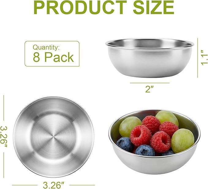 tifanso 8PCS Small Dipping Bowls - Stainless Steel Sauce Condiment Cups, Mini Soy Sauce Dish, Appetizer Plates for Charcuterie, Ketchup, Seasoning, BBQ, Party, Camping, Easy to Clean, Sliver