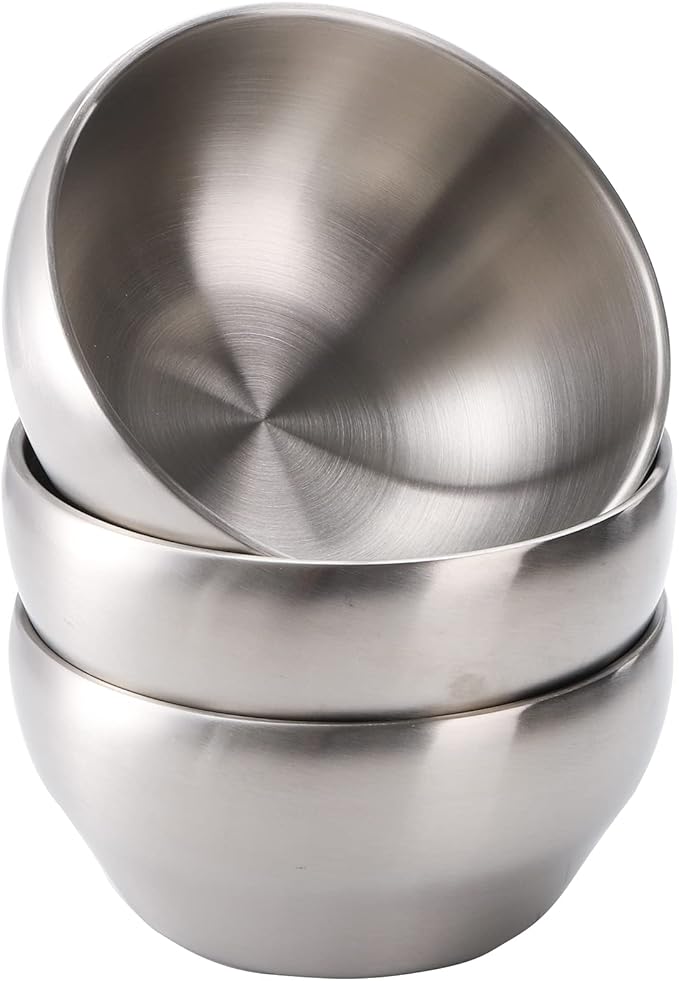 Youeon 3 Pack 28 Oz SUS304 Brushed Stainless Steel Bowls, Double Wall Insulated Bowls, Stainless Steel Soup Bowl for Cereal, Ice Cream, Noodle, 6 Inch Bowl Set for Serving, Dishwasher Safe