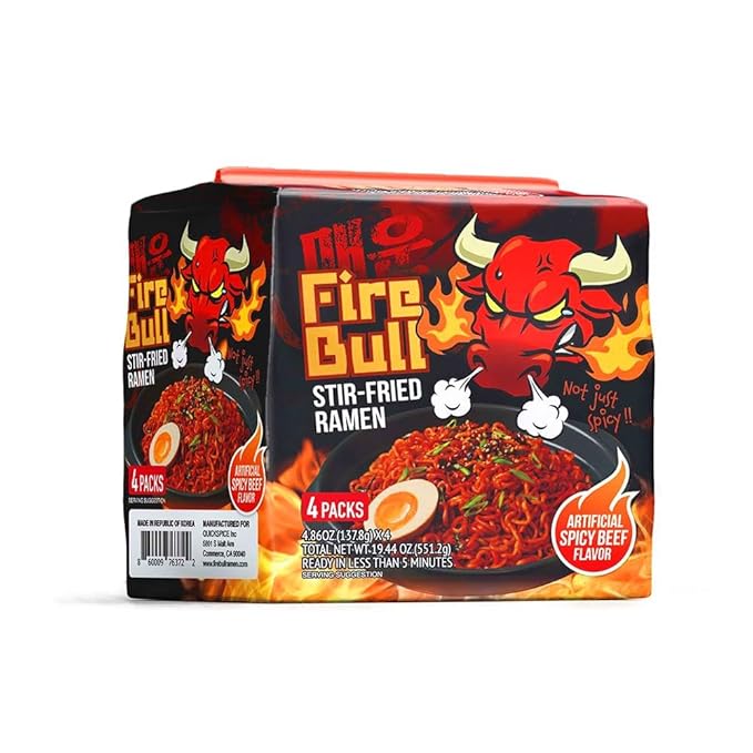 [Fire Bull Ramen] Intense Spicy Stir-Fried Ramen | Authentic Korean Heat Meets Flavorful Delight | Thick, Chewy Noodles | Quick & Easy Meal (4 Pouches)