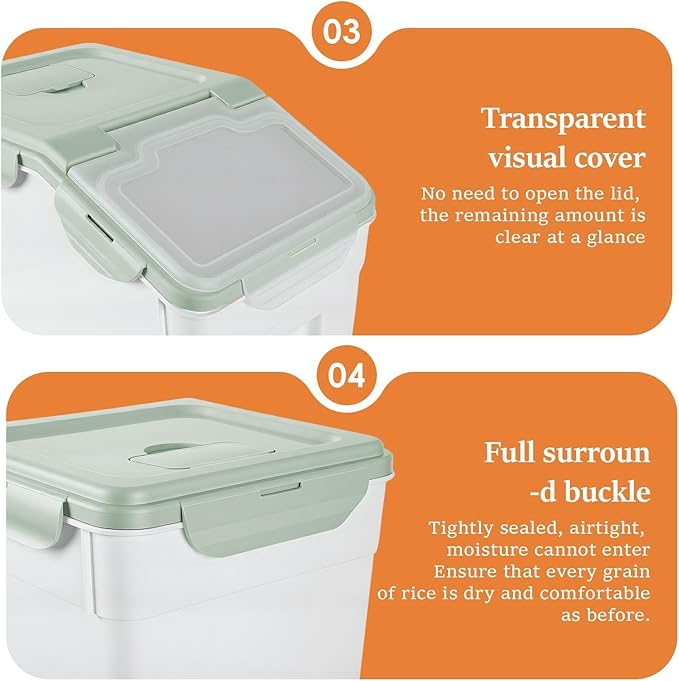 2 Pack 55 Lbs Airtight Rice Storage Container, Large Pantry Bin with Locking Lid & Wheels, Food-Grade PP Dry Goods Dispenser with Measuring Cup for Flour Grain Cereal Pet Food Kitchen Organization Gr